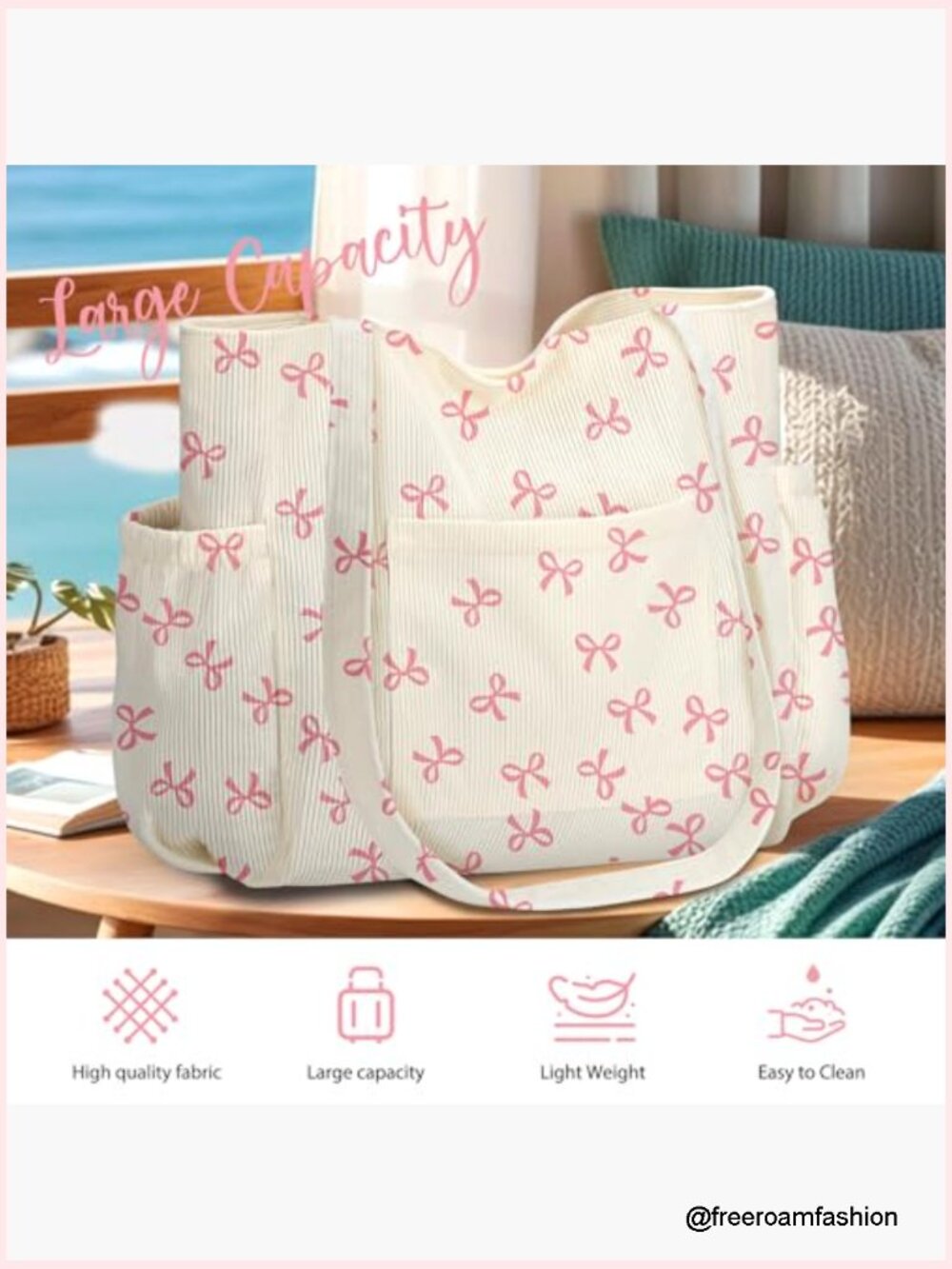 Corduroy Tote Bag, Large Capacity with 6 Pockets, Crossbody Shoulder Handbag - Picture 4 of 7